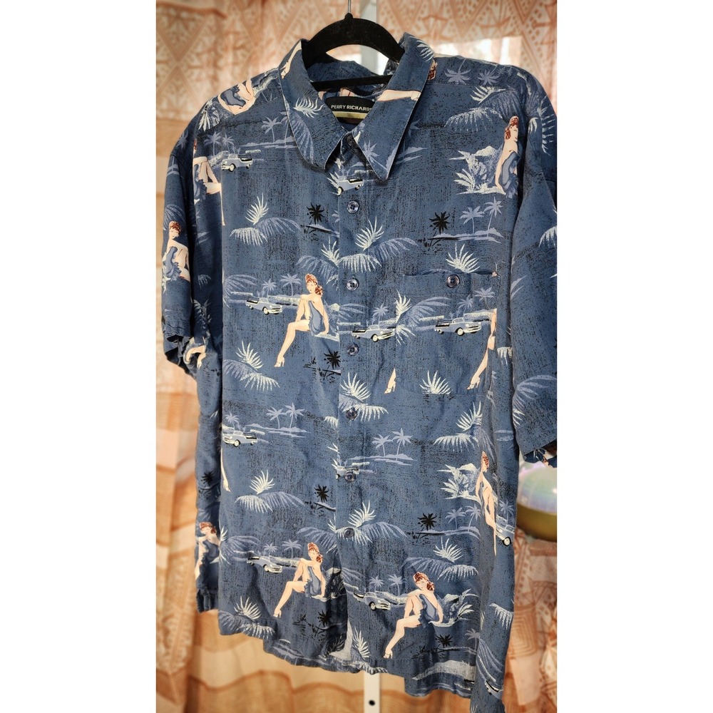 Perry Richards Mens XL Blue Rayon Pin Up‎ Girl Classic Car Tropical Aloha Shirt